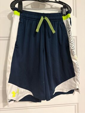 Under Armour Navy Athletic Shorts with White Panels and Neon Yellow Accents
